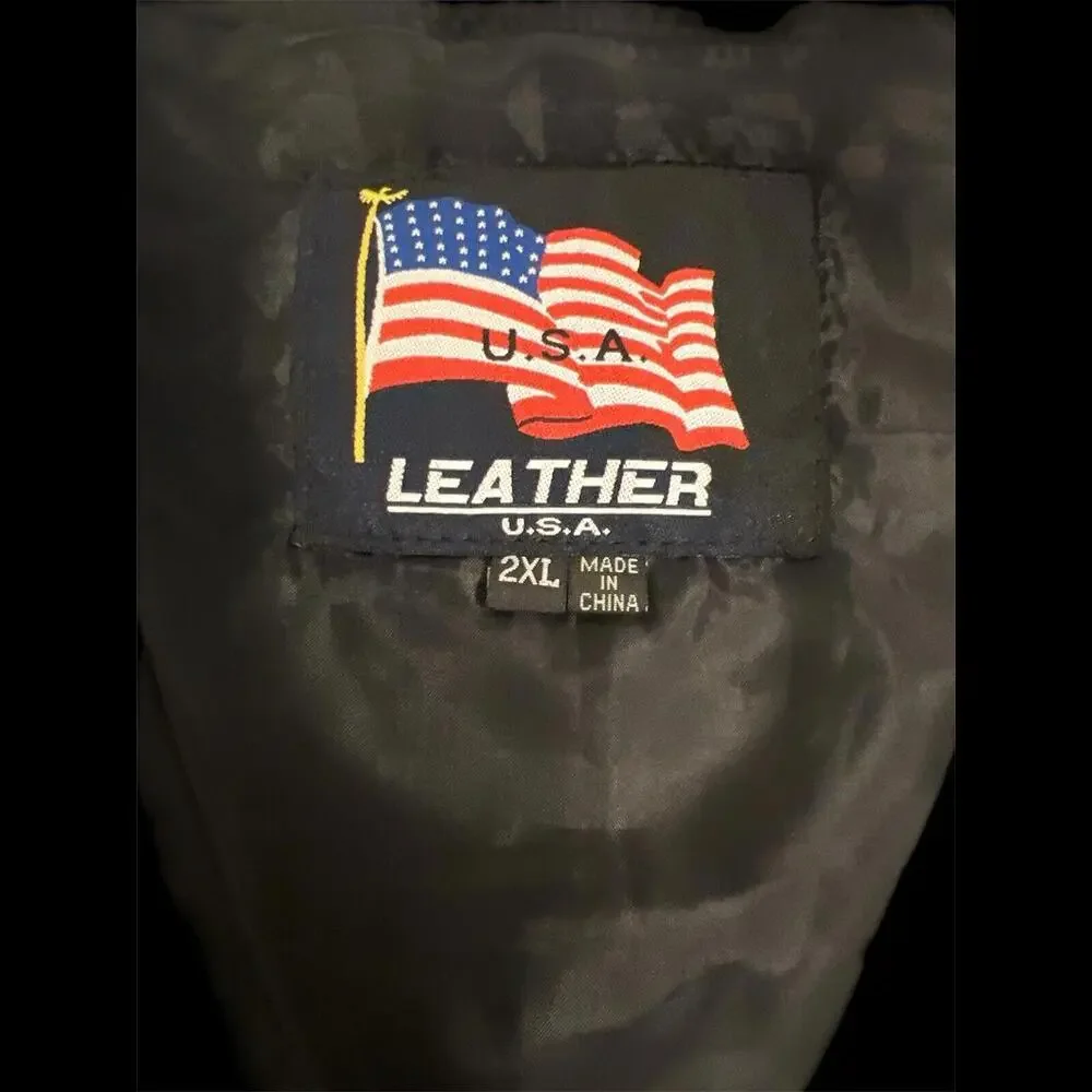 USA‎ Leather Navy Vest XXL Black Biker Military Veteran Patch Mens